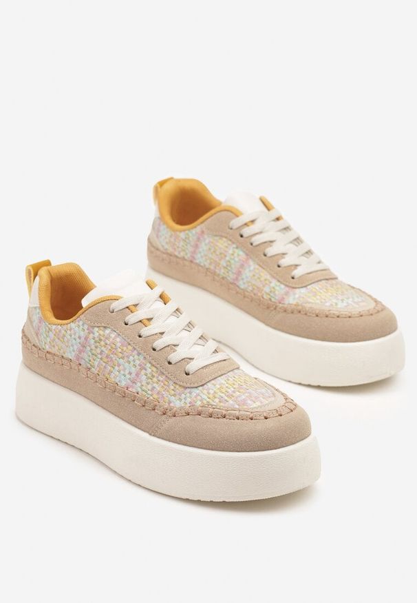 Born2be - Ciemnobeżowe Sneakersy na Grubej Podeszwie z Plecioną Cholewką Nilavanea. Okazja: na co dzień. Kolor: beżowy. Materiał: jeans. Szerokość cholewki: normalna