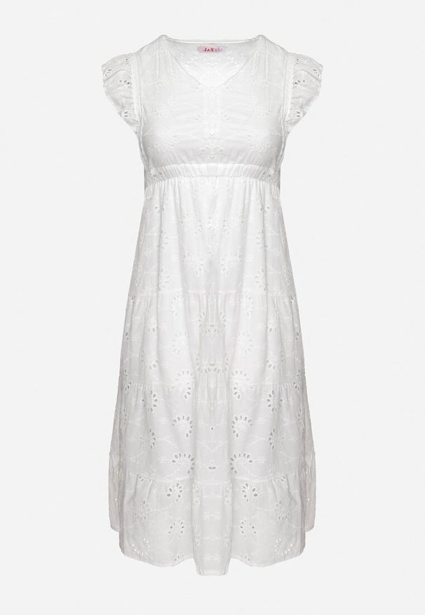 Born2be - Biała Ażurowa Sukienka z Falbanką o Rozkloszowanym Kroju Lirvolia. Okazja: na imprezę, na co dzień. Kolor: biały. Długość rękawa: krótki rękaw. Wzór: ażurowy. Sezon: lato. Typ sukienki: rozkloszowane. Styl: casual