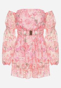 Born2be - Jasnoróżowa Wiskozowa Sukienka Hiszpanka z Falbanami i Paskiem w Kwiaty Virmoi. Okazja: na spacer, na co dzień. Typ kołnierza: dekolt hiszpanka. Kolor: różowy. Materiał: wiskoza. Wzór: kwiaty. Typ sukienki: proste. Styl: casual #6