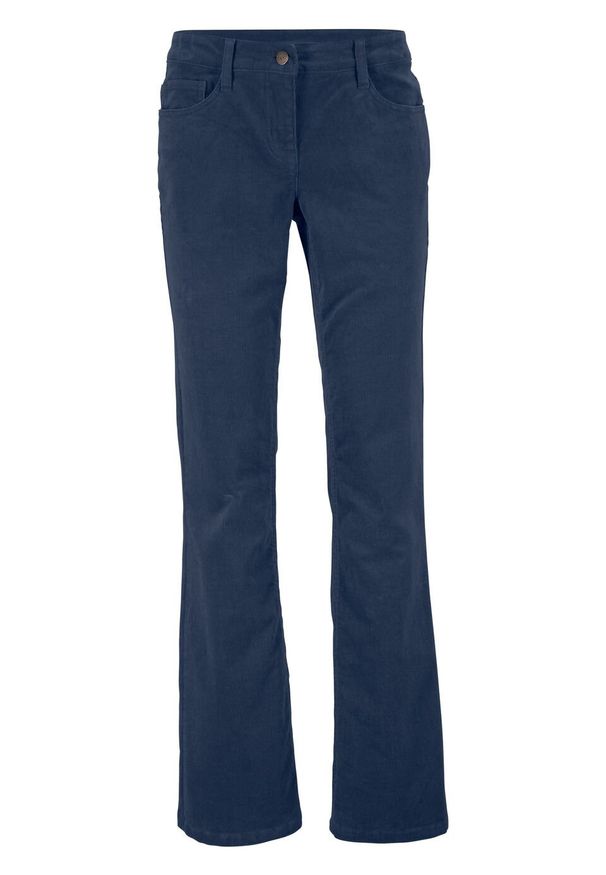 Spodnie sztruksowe ze stretchem Bootcut bonprix ciemnoniebieski. Kolor: niebieski. Materiał: sztruks