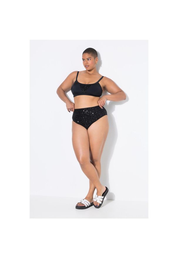 ULLA POPKEN - Damskie Figi od bikini wysoki stan cekiny. Stan: podwyższony. Kolekcja: plus size. Kolor: czarny. Materiał: poliester, poliamid, materiał, elastan