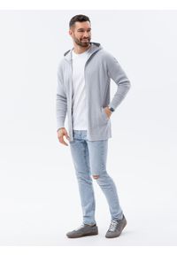 Ombre Clothing - Sweter męski kardigan z kapturem - jasnoszary V2 E188 - XXL. Typ kołnierza: kaptur. Kolor: szary. Materiał: bawełna, nylon, dzianina #3