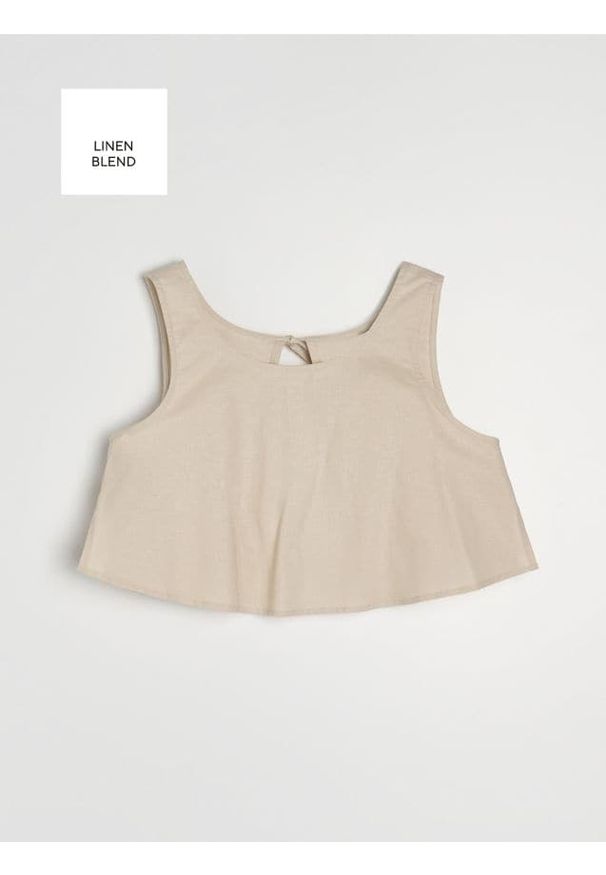 Sinsay - Crop top z ozdobnym wiazaniem z domieszką lnu - kremowy. Kolor: kremowy. Materiał: len