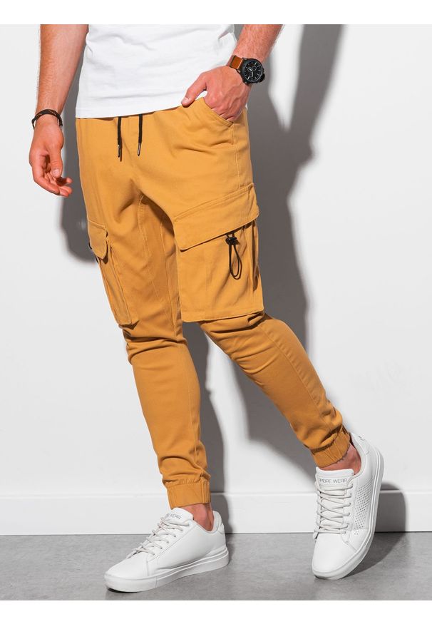 Ombre Clothing - Spodnie męskie joggery P1026 - musztardowe - XXL. Kolor: żółty. Materiał: bawełna, elastan
