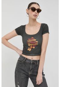Guess t-shirt damski kolor szary. Kolor: szary. Materiał: materiał, dzianina, prążkowany. Długość rękawa: krótki rękaw. Długość: krótkie. Wzór: nadruk #1