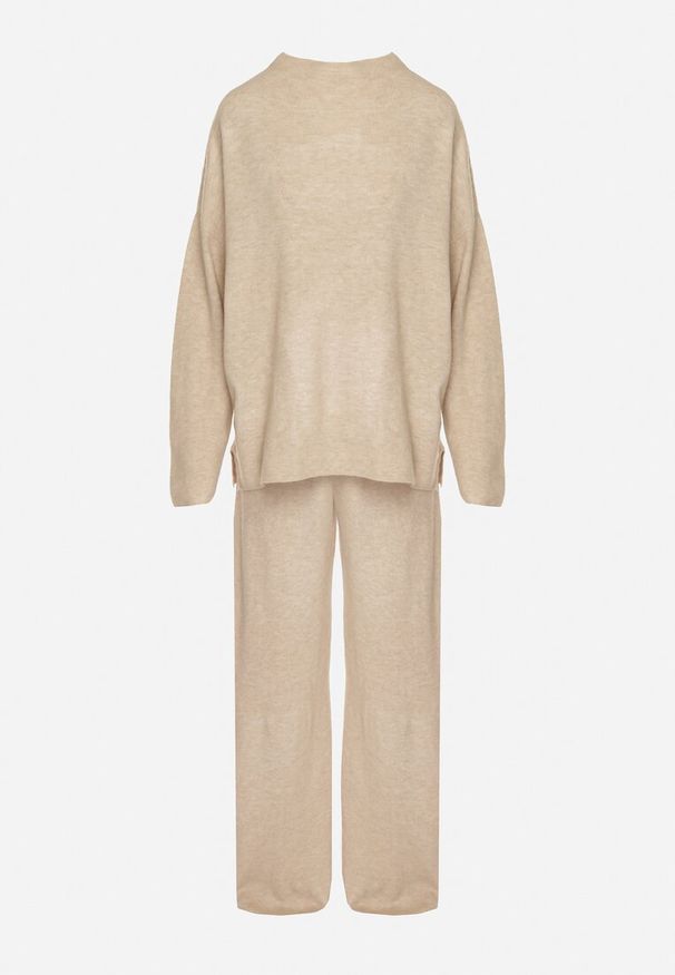 Born2be - Jasnobeżowy Dzianinowy Komplet z Wełną Spodnie i Sweter Tesira. Kolor: beżowy. Materiał: wełna, dzianina