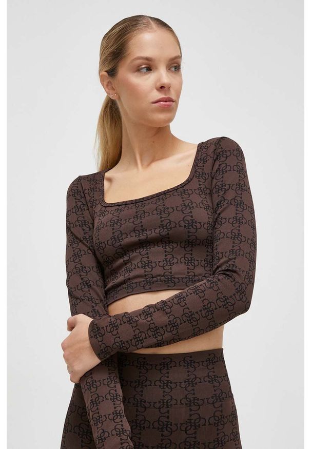 Guess longsleeve damski kolor brązowy. Typ kołnierza: dekolt w karo. Kolor: brązowy. Materiał: dzianina. Długość rękawa: długi rękaw