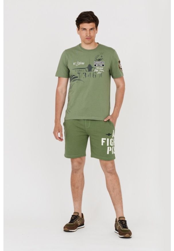 Aeronautica Militare - AERONAUTICA MILITARE Bermudy zielone męskie. Kolor: zielony. Materiał: bawełna. Wzór: nadruk, haft