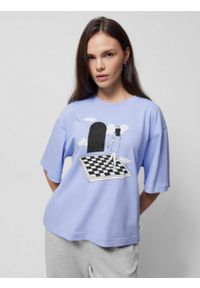 outhorn - T-shirt z nadrukiem damski - niebieski. Kolor: niebieski. Materiał: dzianina, materiał, bawełna. Wzór: nadruk