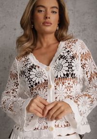 Renee - Biały Szydełkowy Rozpinany Kardigan z Bawełny Rodone. Okazja: na co dzień. Kolor: biały. Materiał: bawełna. Długość rękawa: na ramiączkach. Wzór: ażurowy. Styl: casual #4