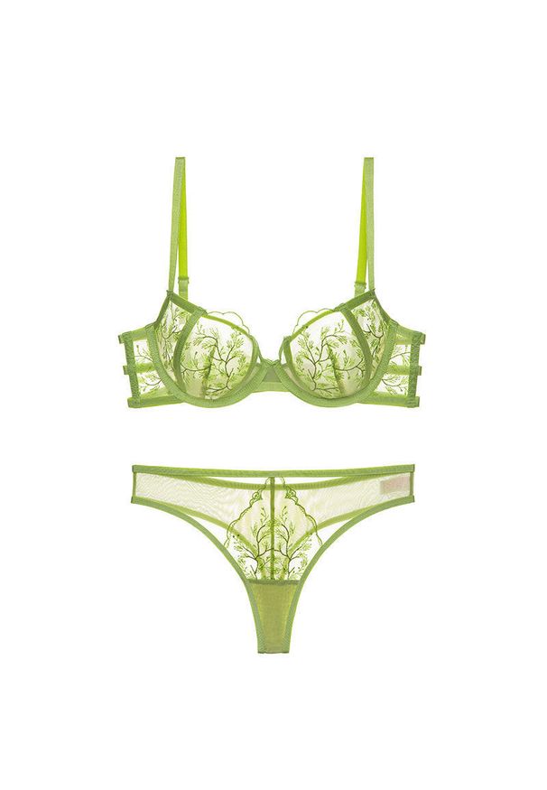 Intica - Komplet bielizny z kwiatowym haftem Carlene. Kolor: zielony. Materiał: tkanina. Wzór: kwiaty, haft