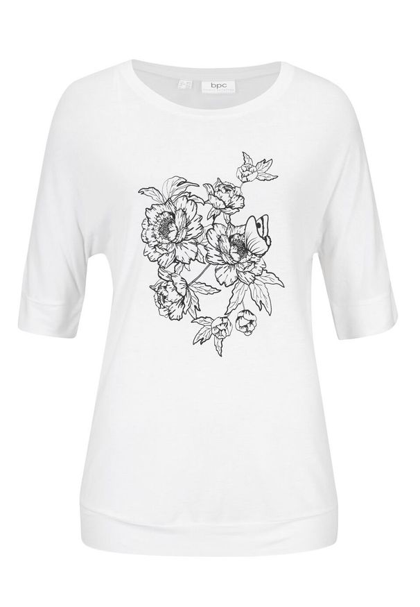 Shirt "nietoperz", rękawy do łokcia bonprix biały w roślinny wzór. Kolor: biały
