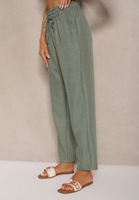 Renee - Zielone Spodnie High Waist ze Ściągaczem w Talii i Prostą Nogawką Savonne. Okazja: na co dzień. Stan: podwyższony. Kolor: zielony. Styl: casual, elegancki