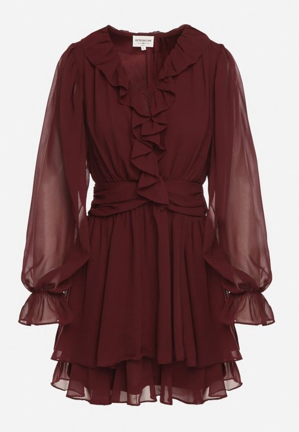 Born2be - Bordowa Rozkloszowana Sukienka z Falbankami i Siateczkowymi Rękawami Zennisa. Okazja: do pracy, na imprezę, na spotkanie biznesowe. Typ kołnierza: kołnierz z falbankami. Kolor: czerwony. Materiał: poliester. Typ sukienki: rozkloszowane. Styl: klasyczny, biznesowy