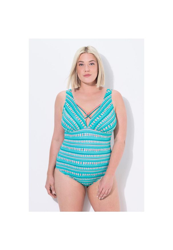 ULLA POPKEN - Damskie Strój kąpielowy paski miękkie miseczki ozdobne tasiemki. Kolekcja: plus size. Kolor: niebieski. Materiał: poliamid, poliester, materiał, elastan. Wzór: paski