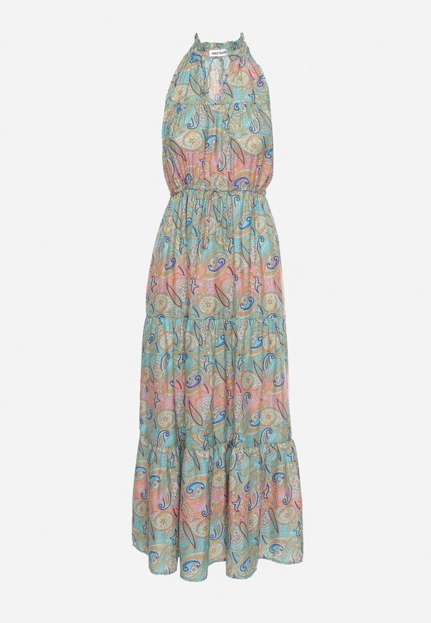 Born2be - Niebieska Rozkloszowana Sukienka z Gumkami w Talii Wiązana przy Dekolcie Vrisa. Okazja: na co dzień. Typ kołnierza: dekolt w kształcie V. Kolor: niebieski. Sezon: lato. Typ sukienki: rozkloszowane. Styl: casual, elegancki