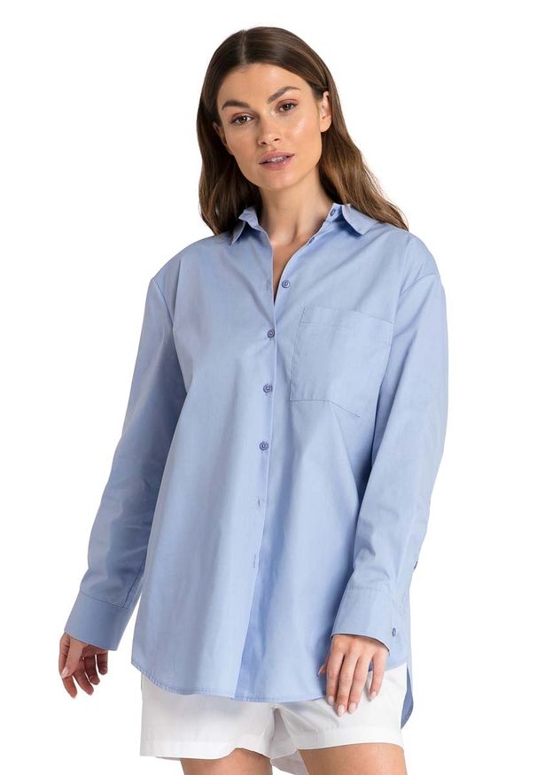 MOE - Koszula Typu Boyfriend o Kroju Oversize - Niebieska. Kolor: niebieski. Materiał: poliester, bawełna