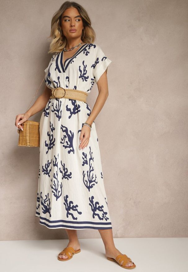 Renee - Niebiesko-Beżowa Pudełkowa Sukienka z Wiskozą i Lnem Sadeone. Okazja: na co dzień. Kolor: niebieski. Materiał: len, wiskoza. Styl: elegancki, casual