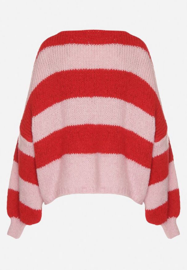 Born2be - Czerwony Wiązany Kardigan Oversize w Paski z Dodatkiem Wełny i Wiskozy Retire. Kolor: czerwony. Materiał: wełna, wiskoza. Wzór: paski