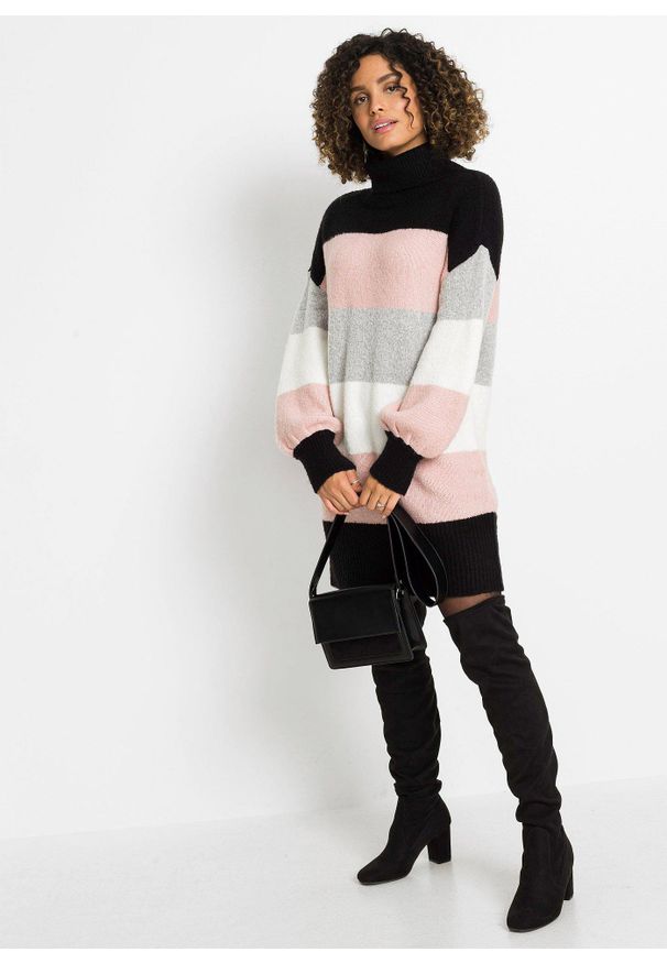 bonprix - Długi sweter. Typ kołnierza: golf. Kolor: czarny. Długość: długie. Wzór: paski