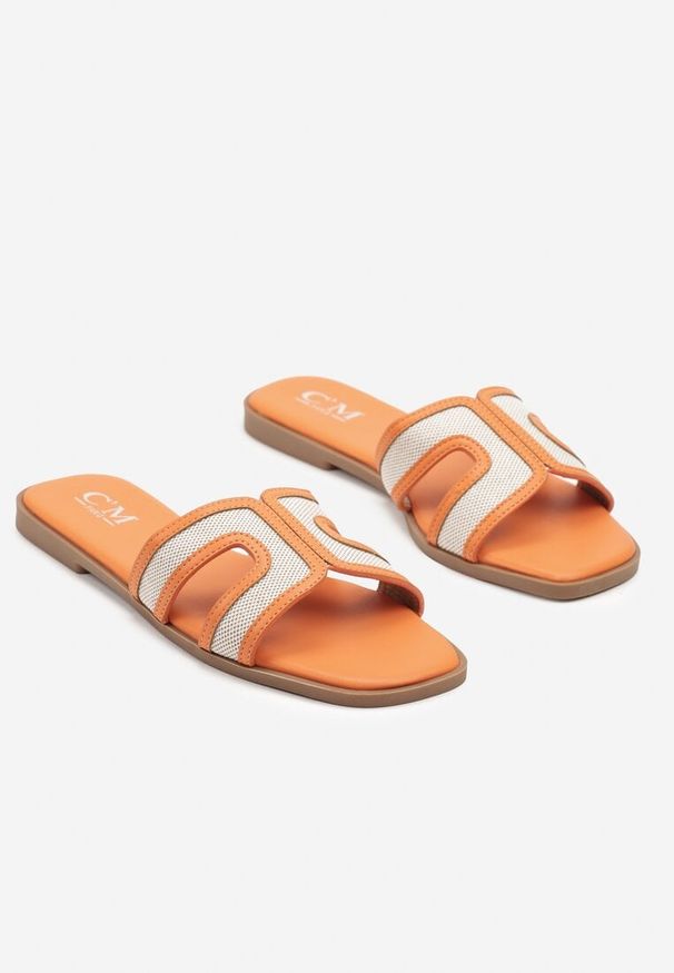 Born2be - Pomarańczowe Klapki z Wycięciami i Tweedowymi Zdobieniami Dorria. Okazja: na spacer. Nosek buta: otwarty. Kolor: pomarańczowy. Wzór: aplikacja. Materiał: len. Sezon: lato. Obcas: na obcasie. Styl: elegancki. Wysokość obcasa: niski