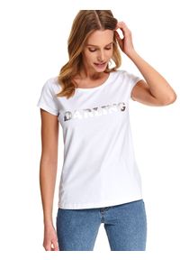 DRYWASH - T-shirt damski z naprintowanym napisem o dopasowanym kroju. Okazja: na co dzień. Typ kołnierza: dekolt w łódkę. Kolor: biały. Długość rękawa: krótki rękaw. Długość: krótkie. Wzór: napisy. Sezon: lato. Styl: casual, wakacyjny #1