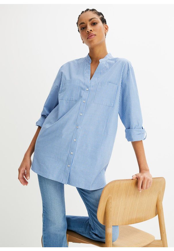 bonprix - Długa bluzka z wywijanymi rękawami. Kolor: niebieski. Długość: długie. Wzór: paski. Sezon: lato