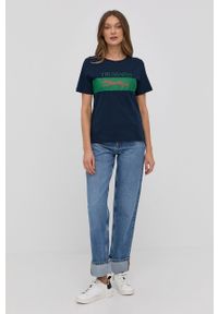 Trussardi Jeans - Trussardi t-shirt bawełniany kolor granatowy. Okazja: na co dzień. Kolor: niebieski. Materiał: bawełna. Wzór: nadruk. Styl: casual #3