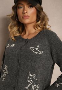 Renee - Szary Kardigan z Wełną na Guziki z Haftowanym Wzorem Nelyra. Okazja: na co dzień. Kolor: szary. Materiał: wełna. Wzór: haft. Styl: elegancki, casual #5