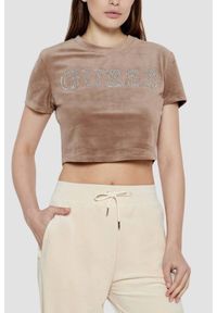 Guess - GUESS Brązowy damski top Couture Tee. Kolor: brązowy
