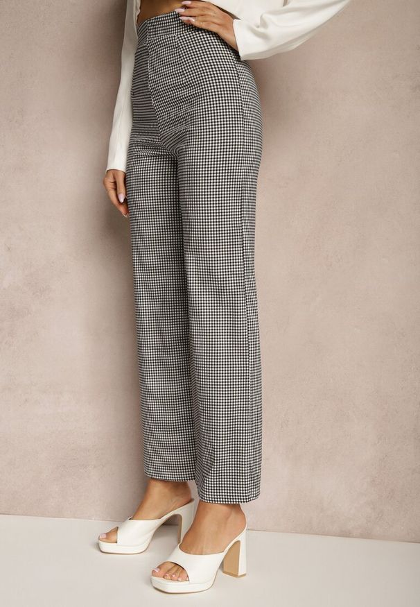 Renee - Czarno-Białe Spodnie z Bawełną o Szerokim Kroju High Waist z Wzorem Kraty Alimuna. Okazja: na co dzień. Stan: podwyższony. Kolor: czarny. Materiał: bawełna. Styl: elegancki, casual, klasyczny