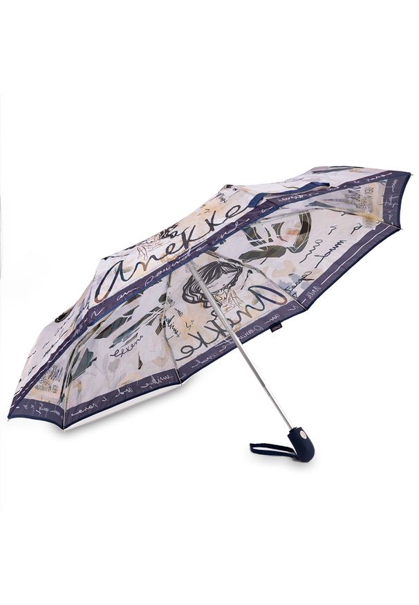 Granatowy Składany Damski Parasol Anekke. Kolor: niebieski. Materiał: materiał