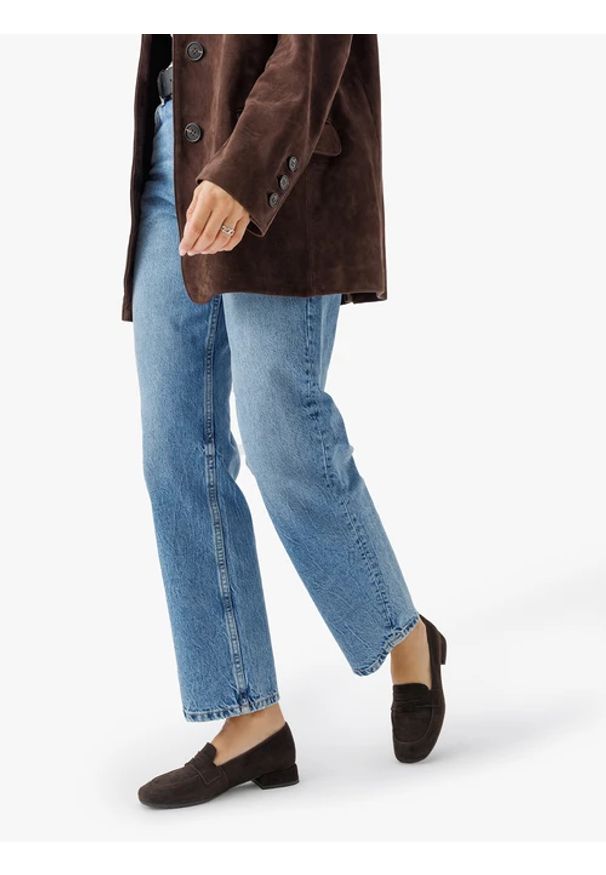 Ryłko - Ciemnobrązowe mokasyny welurowe. Okazja: na co dzień, do pracy. Zapięcie: bez zapięcia. Kolor: brązowy. Materiał: skóra, welur. Wzór: aplikacja. Obcas: na obcasie. Styl: casual, street. Wysokość obcasa: średni