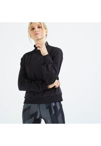 DOMYOS - Bluza damska Domyos fitness. Kolor: czarny. Materiał: tkanina, poliester, prążkowany, elastan, materiał. Długość: krótkie. Sport: fitness