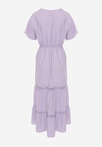 Born2be - Fioletowa Sukienka Maxi z Gumką w Pasie i Koronkowymi Wstawkami Anandia. Kolor: fioletowy. Materiał: koronka. Wzór: aplikacja. Długość: maxi #4