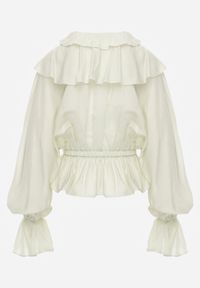 Renee - Zielona Bluzka w Typie Boho Ozdobiona Falbanami Sarlyss. Okazja: na co dzień. Typ kołnierza: dekolt w kształcie V. Kolor: zielony. Materiał: jeans. Długość rękawa: długi rękaw. Długość: długie. Wzór: aplikacja. Styl: boho #6