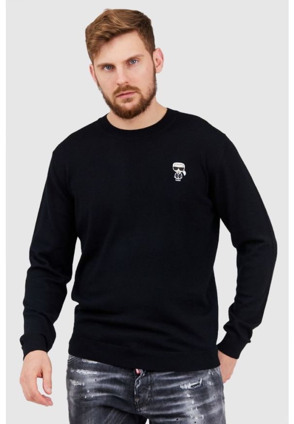 Karl Lagerfeld - KARL LAGERFELD Czarny sweter męski z wełny merino, Rozmiar S. Typ kołnierza: dekolt w karo. Kolor: czarny. Materiał: wełna
