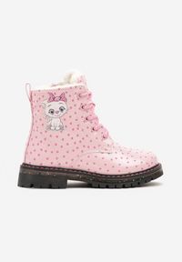 Born2be - Różowe Lakierowane Botki w Serduszka z Kotkiem i Sznurowaniem Neadora. Kolor: różowy. Materiał: lakier