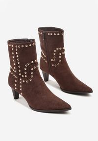 Renee - Brązowe Botki na Stożku z Metalicznymi Nitami Violera. Kolor: brązowy. Materiał: jeans. Obcas: na stożku. Styl: boho #6