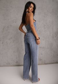 Renee - Niebieski Bawełniany Kombinezon Jeansowy z Dekoltem Halter i Kołnierzykiem Edaviann. Kolor: niebieski. Materiał: bawełna, jeans. Wzór: haft #5