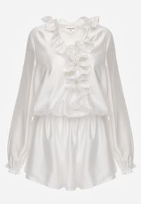 Renee - Biały Krótki Kombinezon z Falbankami i Bufiastymi Rękawami Danathise. Kolor: biały. Materiał: materiał, poliester. Długość: krótkie. Styl: elegancki #8