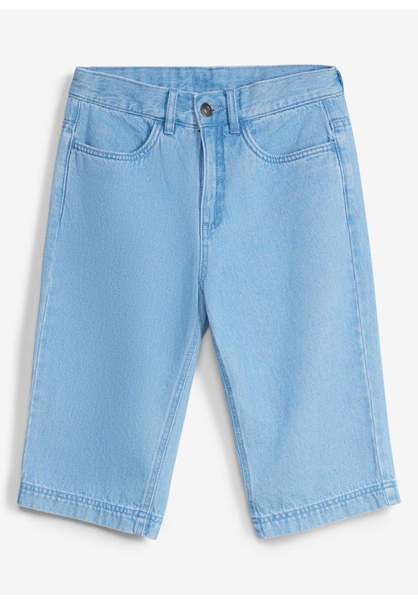 bonprix - Bermudy jeansowe z regulowanym pasem, loose fit. Okazja: na co dzień. Kolor: niebieski. Styl: casual