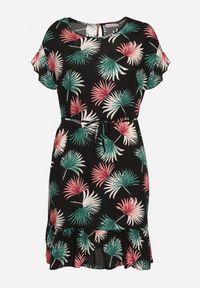 Born2be - Czarno-Zielona Bawełniana Sukienka z Florystycznym Motywem i Wiązaniem w Talii Rissani. Okazja: na randkę. Kolor: czarny. Materiał: bawełna. Sezon: lato #3