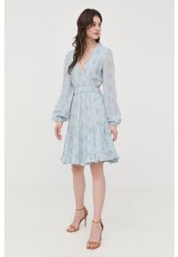 Guess sukienka mini rozkloszowana. Kolor: niebieski. Materiał: tkanina. Długość rękawa: długi rękaw. Typ sukienki: rozkloszowane. Długość: mini #6