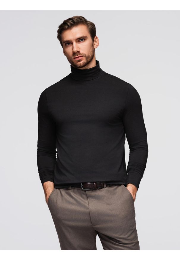 Ombre Clothing - Longsleeve męski gładki z golfem - czarny V1 - Rozmiar: S. Okazja: na co dzień. Typ kołnierza: golf. Kolor: czarny. Materiał: dzianina, bawełna, jeans, elastan. Długość rękawa: długi rękaw. Wzór: gładki. Sezon: zima, jesień. Styl: klasyczny, casual, elegancki