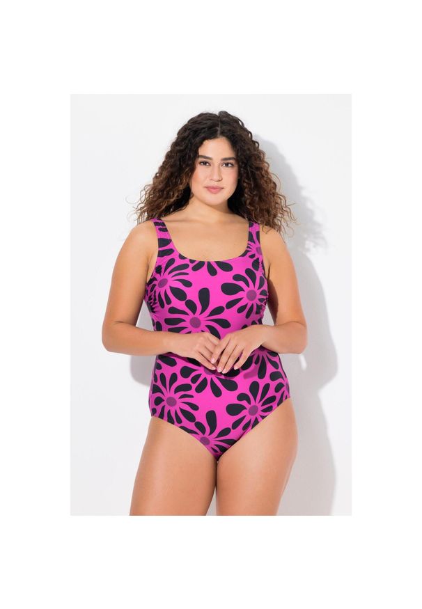 ULLA POPKEN - Damskie Kostium kąpielowy kwiaty bez miękkich miseczek okrągły dekolt. Kolekcja: plus size. Kolor: fioletowy. Materiał: poliamid, materiał, elastan. Wzór: kwiaty