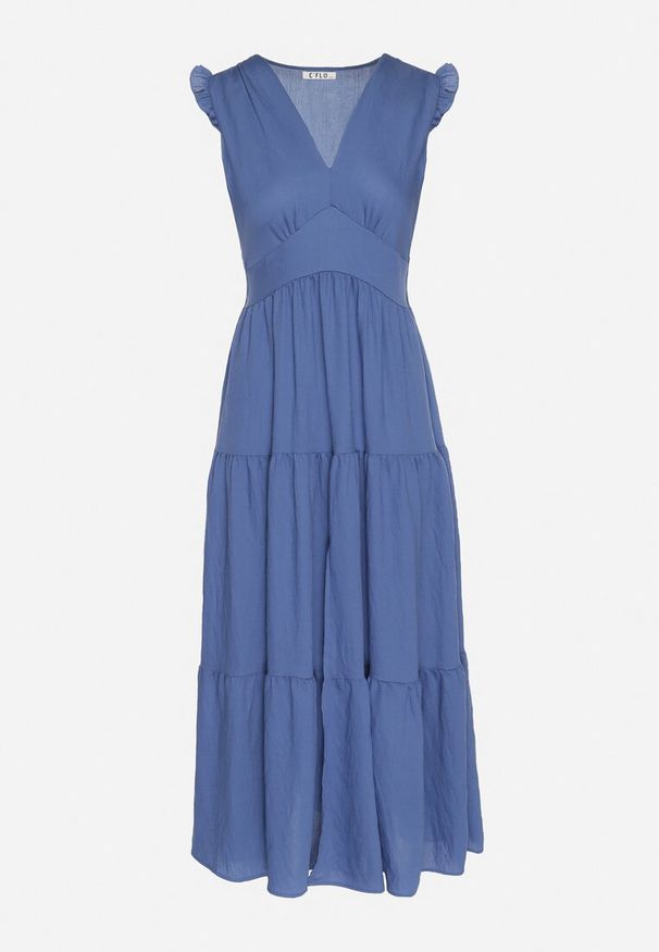 Born2be - Niebieska Wiskozowa Sukienka z Falbankami Sadoline. Okazja: na co dzień. Typ kołnierza: kołnierz z falbankami. Kolor: niebieski. Materiał: wiskoza. Styl: casual, boho