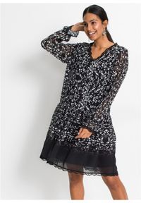 Sukienka tunikowa, długi rękaw bonprix czarno-biały wzorzysty. Kolor: czarny. Materiał: szyfon. Długość rękawa: długi rękaw. Wzór: nadruk. Styl: boho #3