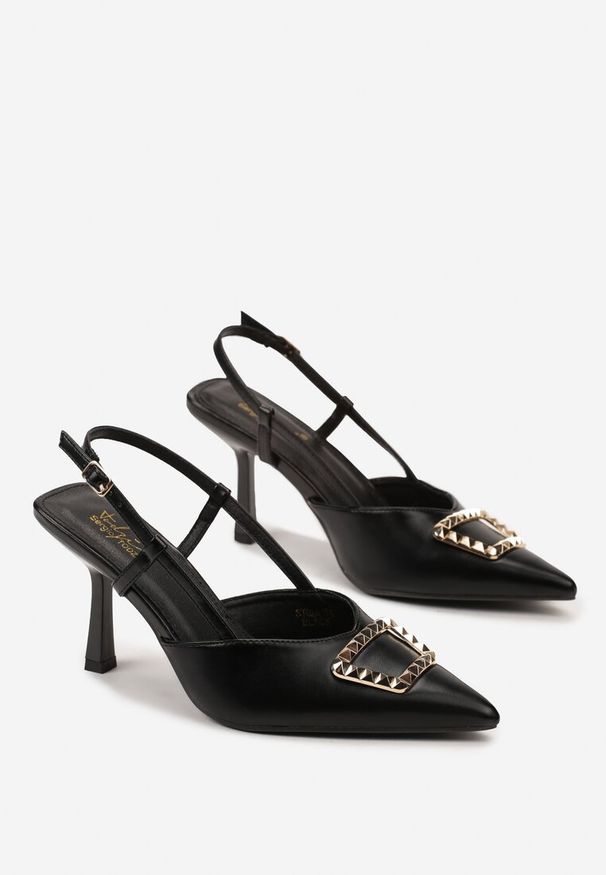 Born2be - Czarne Sandały na Niskiej Szpilce z Noskiem w Szpic i Klamrą z Ćwiekami Sireni. Zapięcie: klamry. Kolor: czarny. Wzór: aplikacja. Obcas: na szpilce