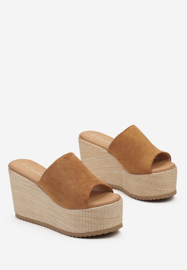 Renee - Brązowe Klapki w Stylu Boho na Platformie i Koturnie z Paskiem z Imitacji Zamszu Marinle. Kolor: brązowy. Materiał: zamsz. Wzór: ażurowy, aplikacja. Obcas: na koturnie. Styl: boho